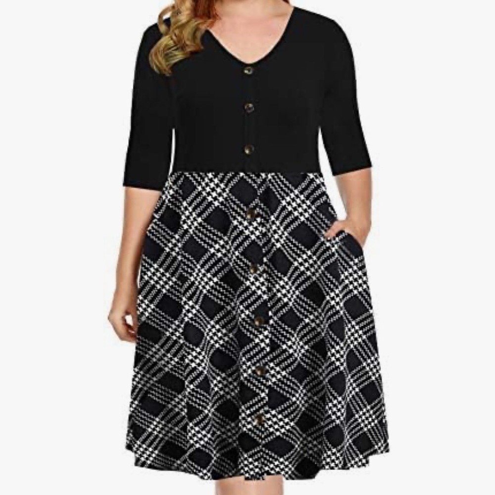 Chic Black and White Plaid Button-Down Dress